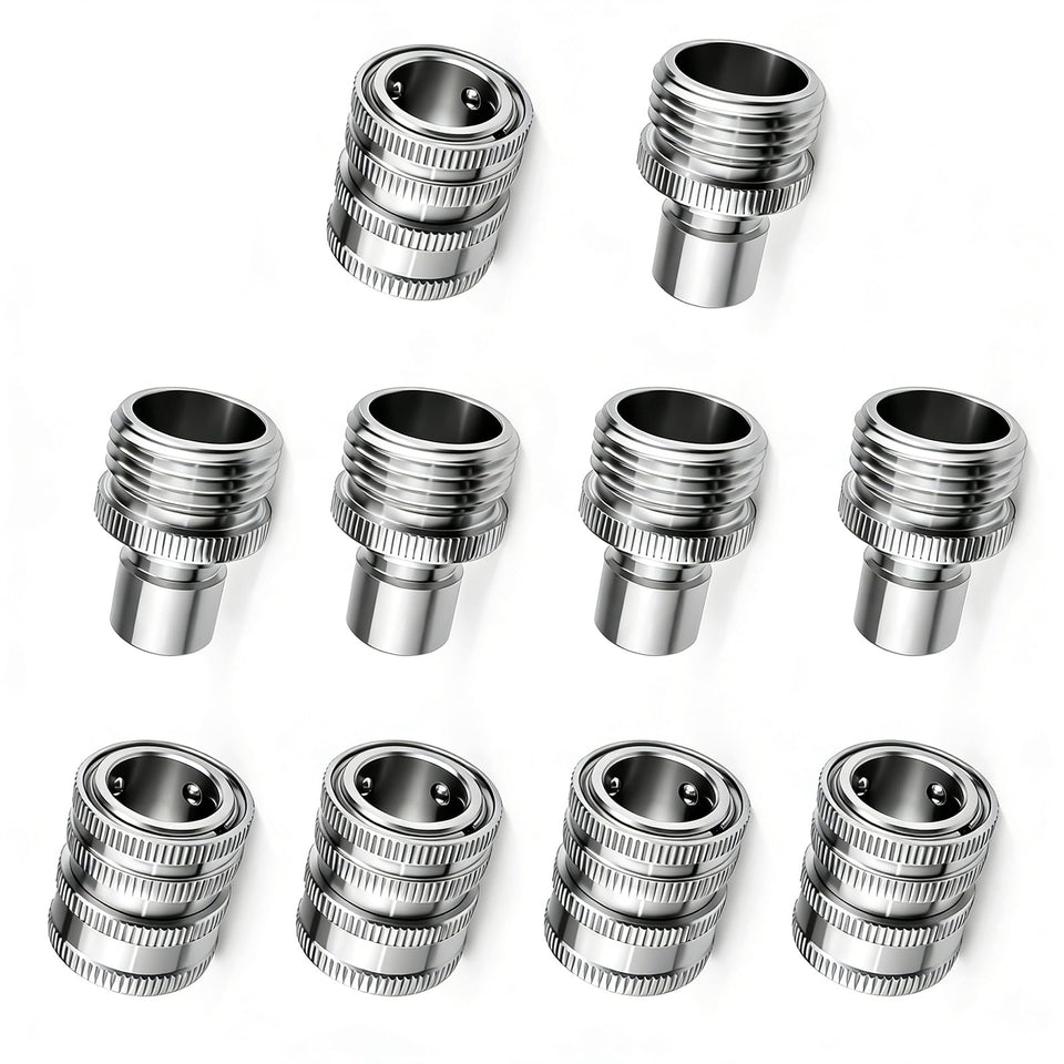 FISHFRUIT stainless steel quick-connect set shown for durable outdoor hoses.