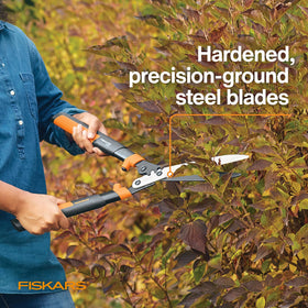 Fiskars 10-inch blades enable extended reach for hedge shaping