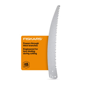 Fiskars 15-inch replacement saw blade with Woodzig tooth for smoother pull cuts.