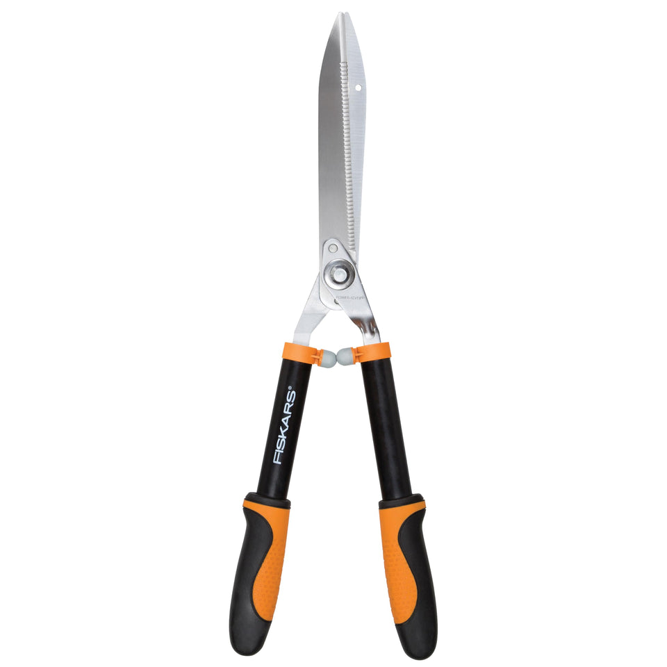 Fiskars 23-Inch Power-Lever Hedge Shears angle view, smooth cuts through dense hedges.