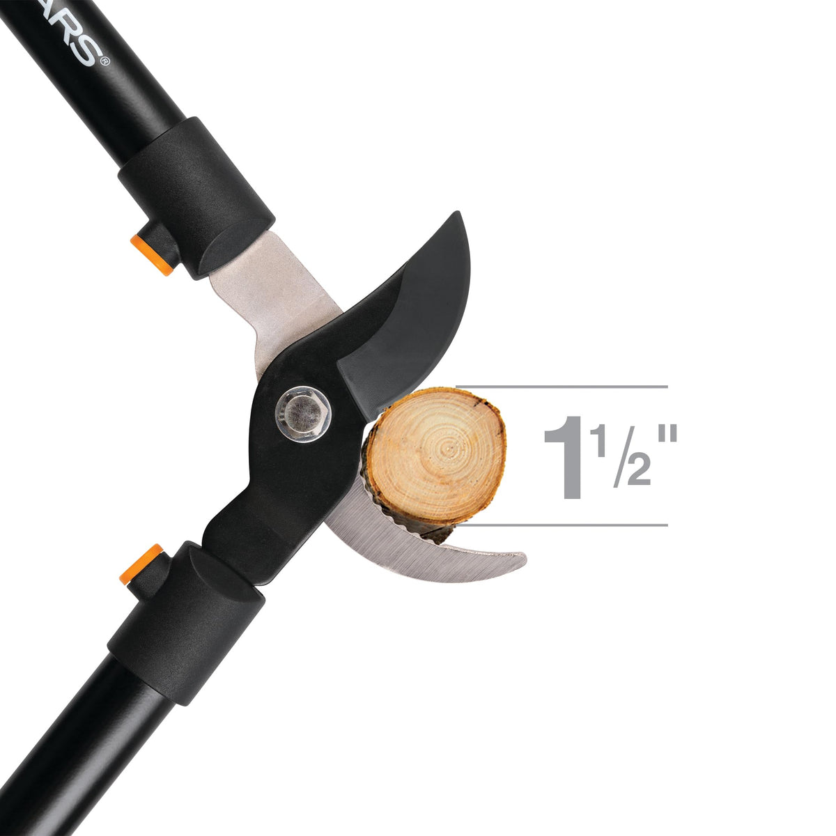 Fiskars lopper in garden setting showing powerful reach for tree trimming.