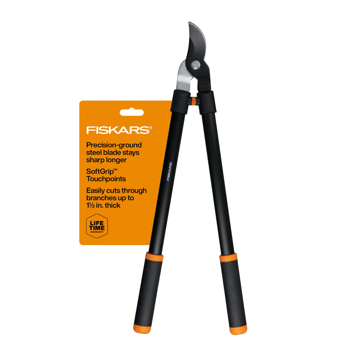 Fiskars 28-Inch lopper blade close-up showing rust-resistant steel for clean, precise cuts.