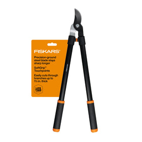 Fiskars 28-Inch lopper blade close-up showing rust-resistant steel for clean, precise cuts.