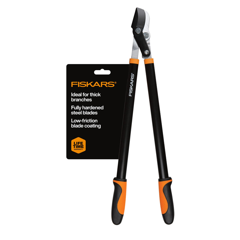 Fiskars 28-Inch Power-Lever Lopper shows branch capacity up to 1.75 inches for clean cuts.