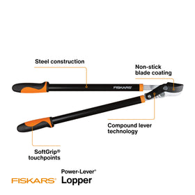 Fiskars 28-Inch Power-Lever Lopper features low-friction coating for smoother cuts and less sticking.