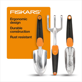 Fiskars 3-in-1 garden tool set with trowel for precise planting and easy digging.