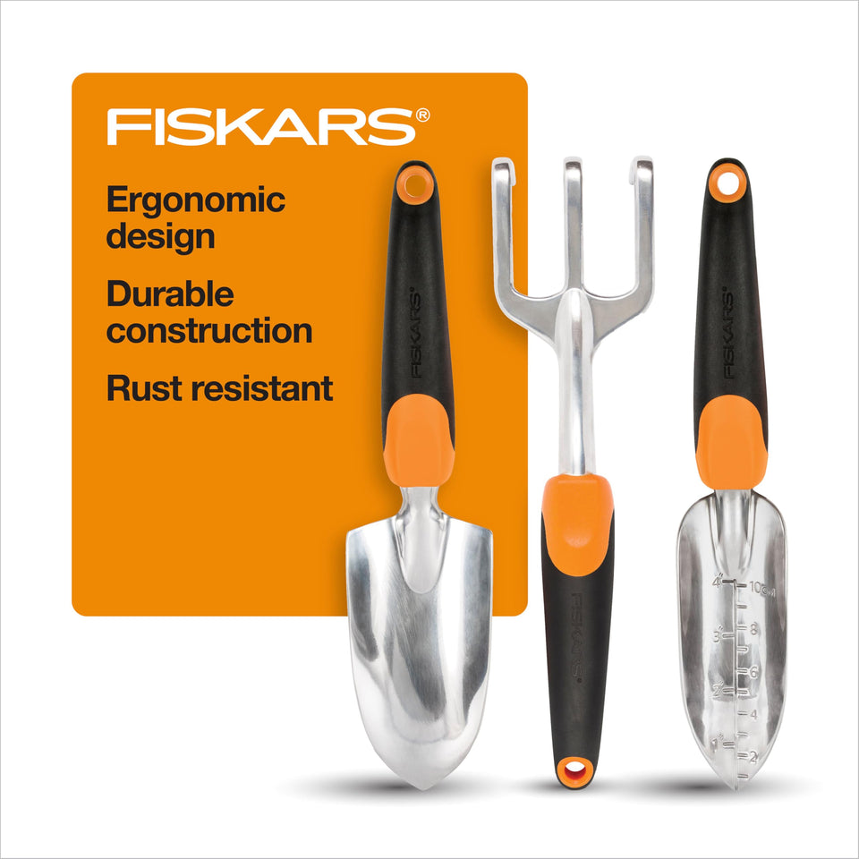 Fiskars 3-in-1 garden tool set with trowel for precise planting and easy digging.