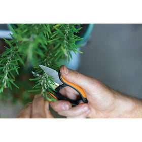 Fiskars 5-inch garden scissors with tip-focused design for precise cuts in tight spaces.