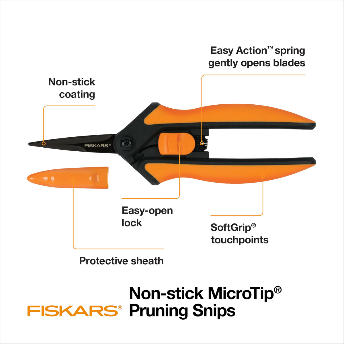 Fiskars 6-inch pruning snips with easy-action spring reduce hand fatigue.