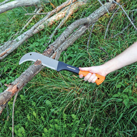 Close-up of Nyglass handle on Fiskars brush axe for durability