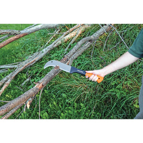 Fiskars brush axe with safety sheath shown in packaging and storage context