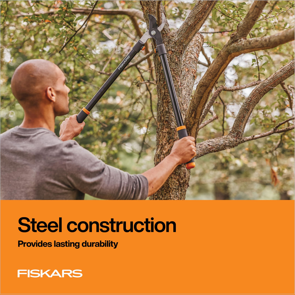 Fiskars lopper non-stick coating visible, promoting cleaner cuts and less sticking.