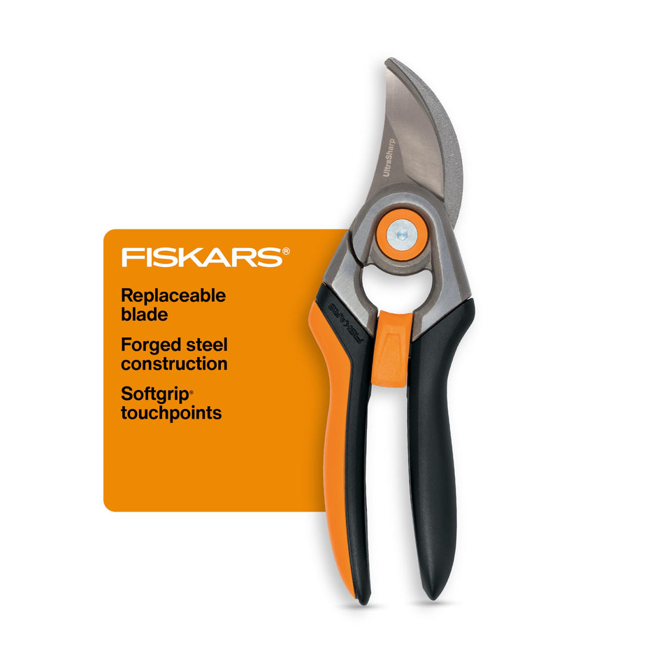 Fiskars bypass pruning shears demonstrating 1-inch cut capacity for clean pruning