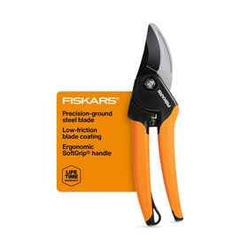 Fiskars bypass pruning shears blade close-up for 5-8 inch live growth cuts