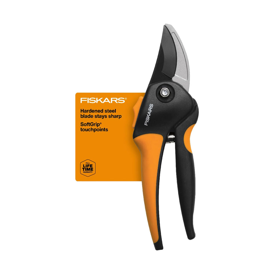 Fiskars Bypass Pruning Shears blade close-up for precise cuts.