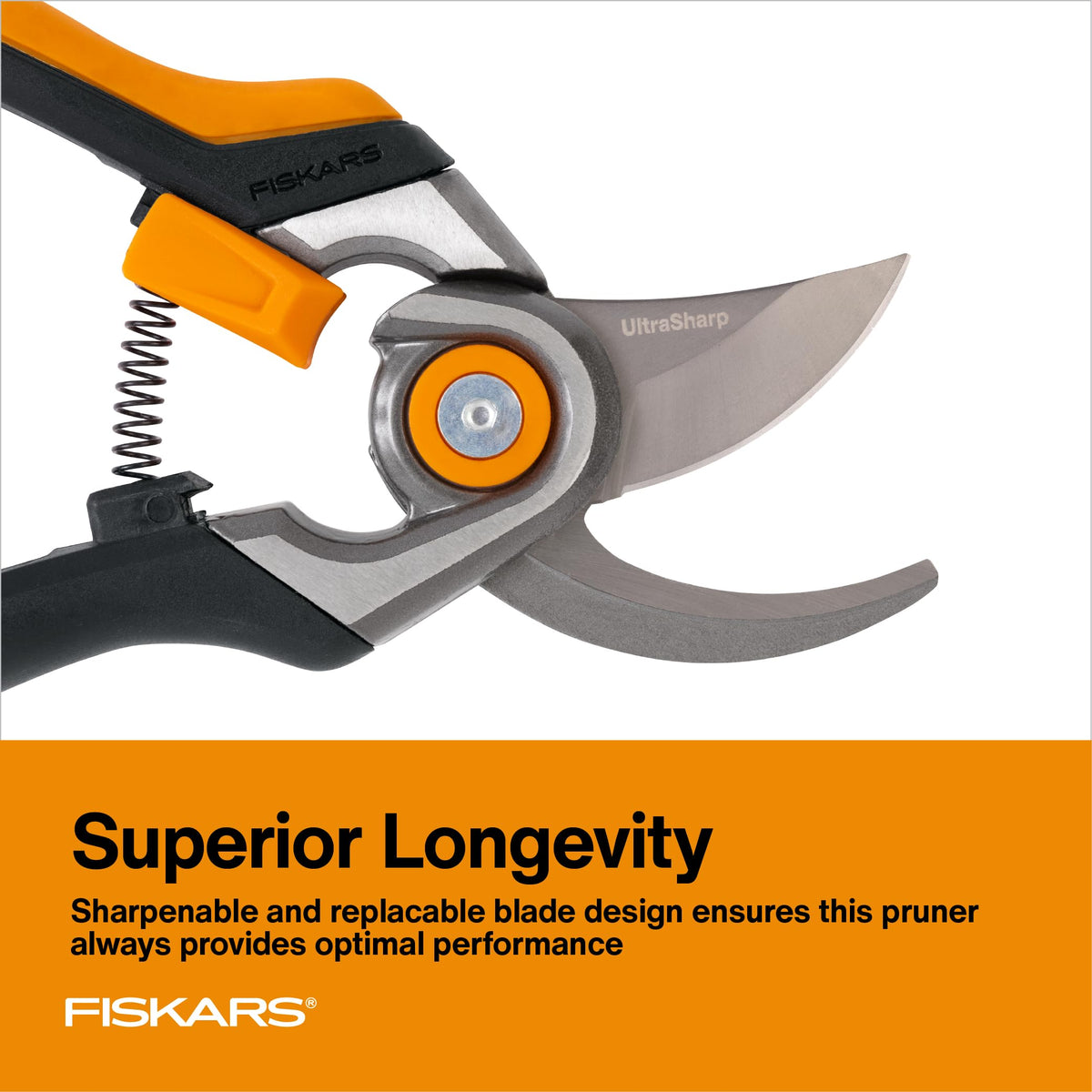 Fiskars bypass pruning shears low-friction coating reducing sap buildup