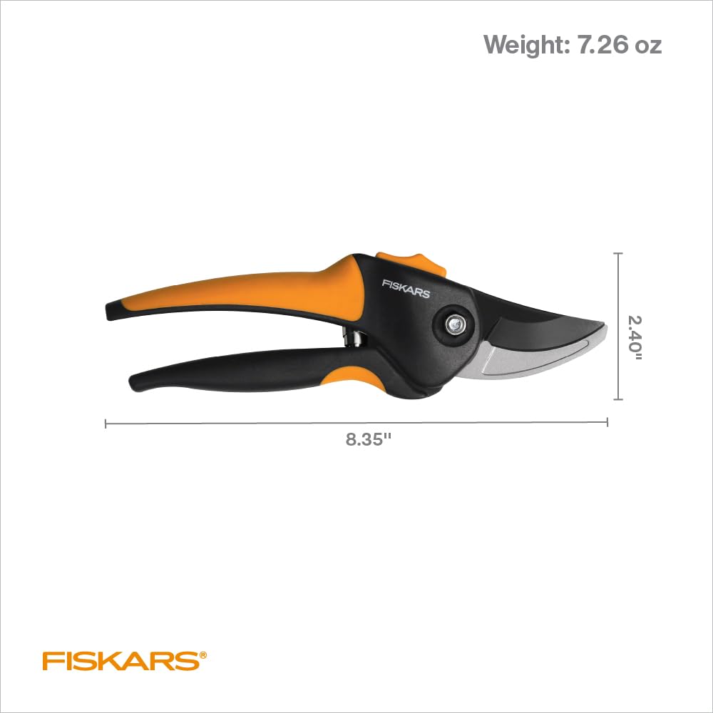 Fiskars Bypass Pruning Shears side view highlights a compact, user-friendly design.