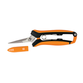 Fiskars Curved Micro-Tip Pruning Snips with sheath for precise trimming in tight spaces.
