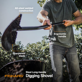 Fiskars digging shovel ergonomic handle reduces strain during long sessions.