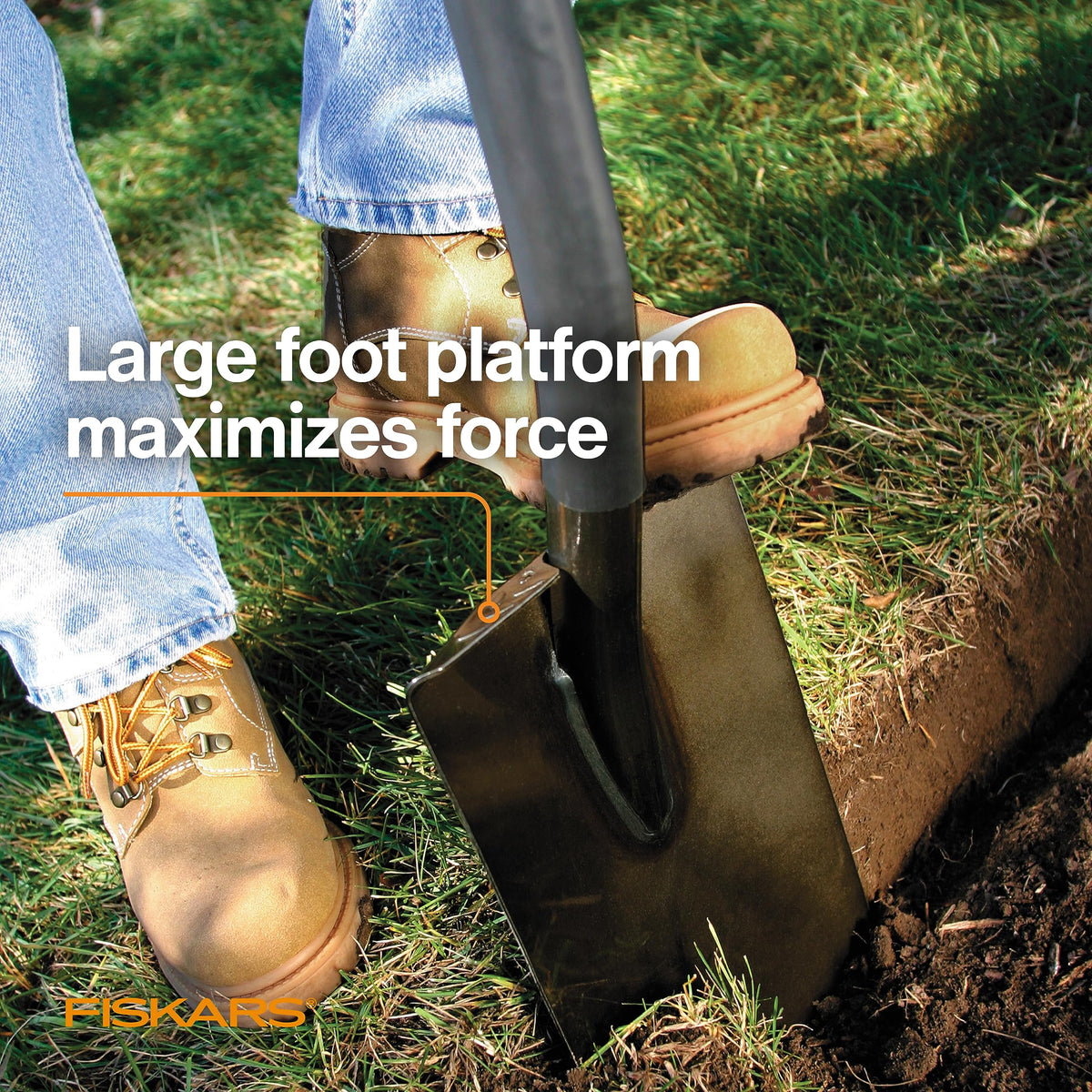 Fiskars digging shovel long reach minimizes knee and back bending.
