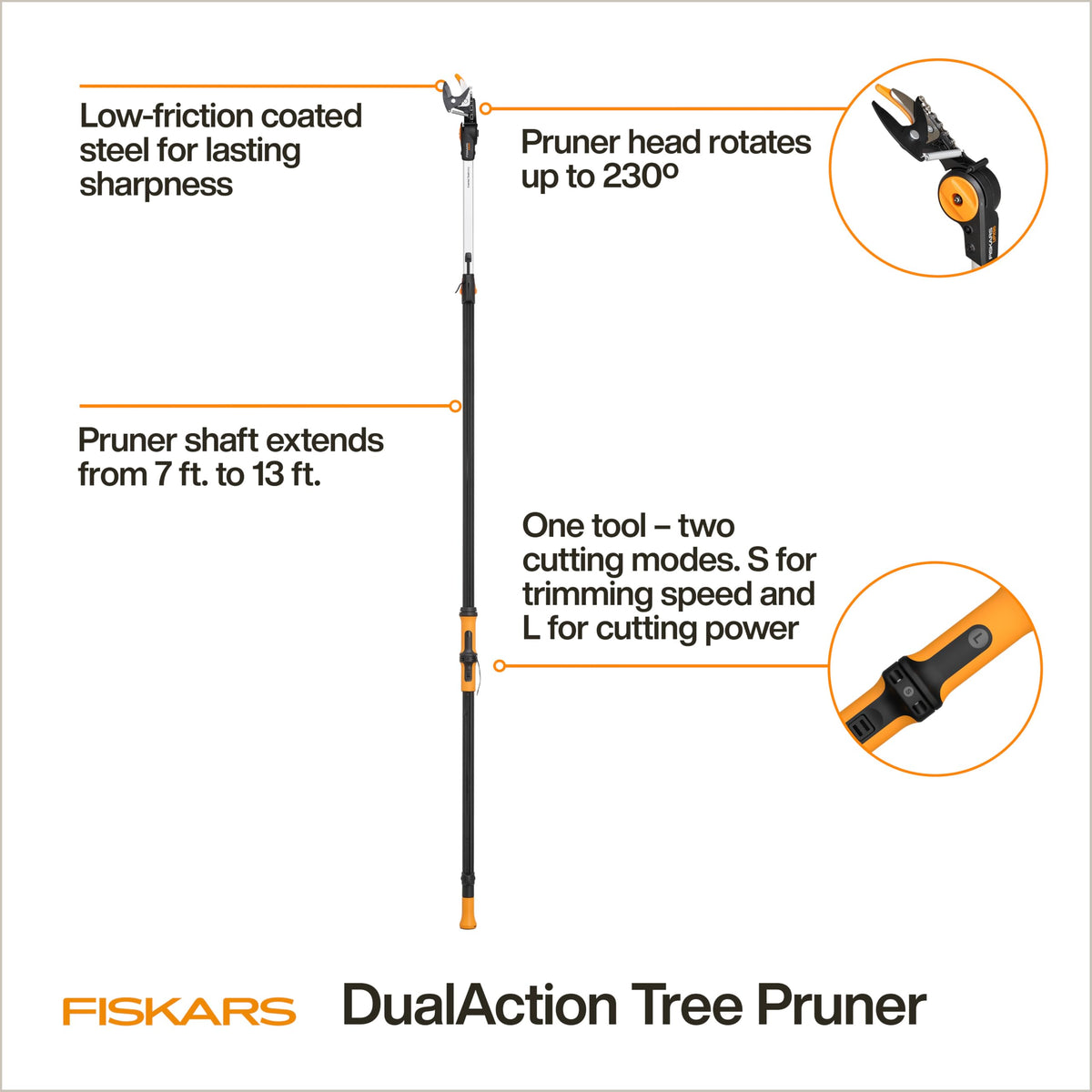 Dual-mode cutting gear enabling quick snips and powerful pruning on the Fiskars pruner