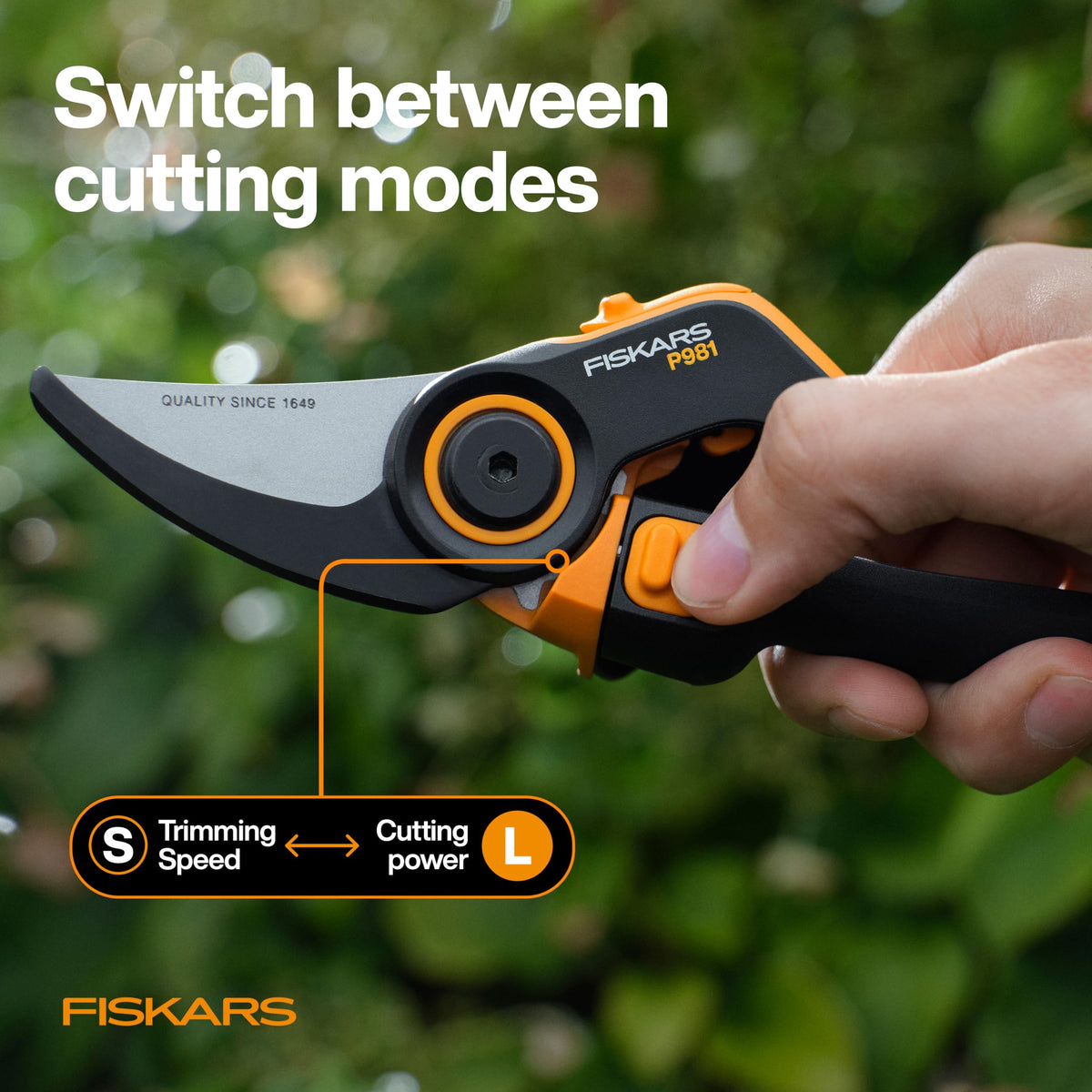 Fiskars DualAction Pruner blade close-up highlighting low-friction steel