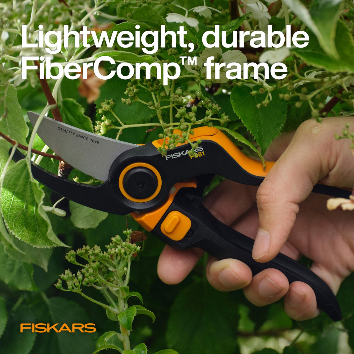 Fiskars DualAction Pruner FiberComp frame emphasizing lightweight durability