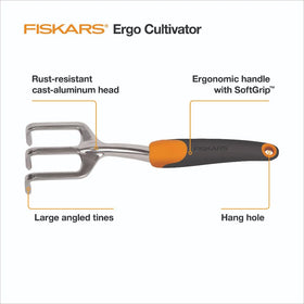Fiskars Ergo Cultivator demonstrates aerating soil in a bed.