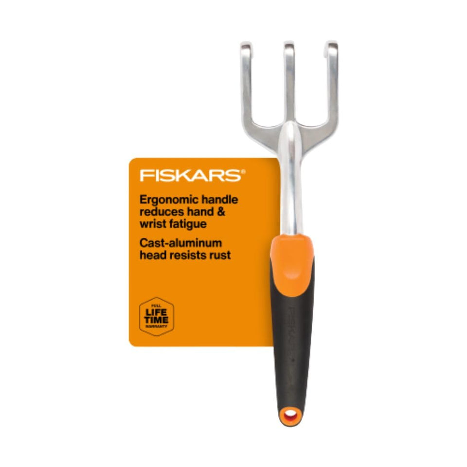 Fiskars Ergo Cultivator with digging tines for soil aeration.