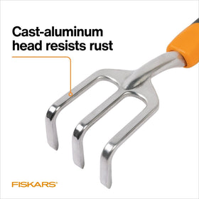 Fiskars Ergo Cultivator shows heavy-duty aluminum head and rust resistance.