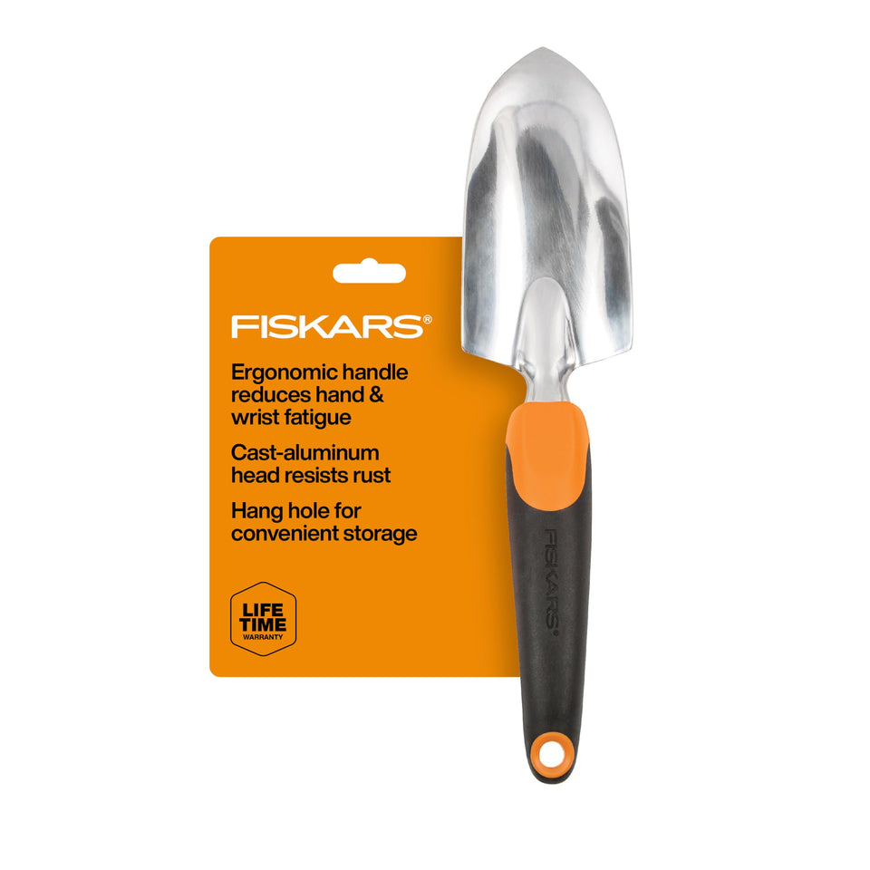 Fiskars Ergo Trowel with hang hole for easy storage and quick access.