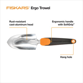 Fiskars Ergo Trowel hang hole enables organized shed storage.