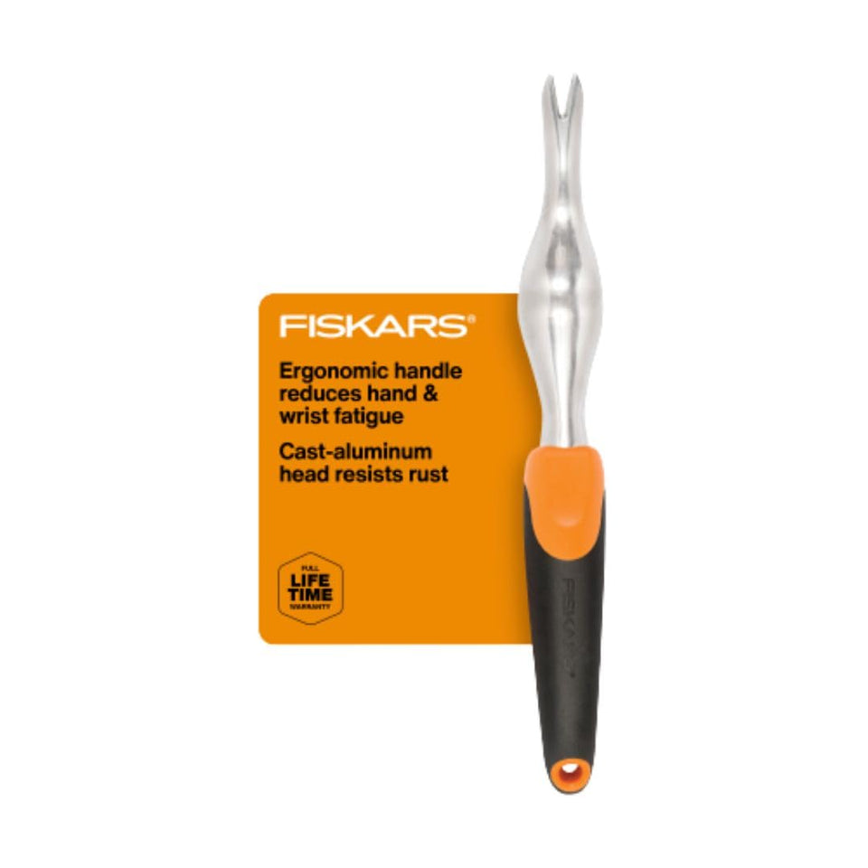 Fiskars Ergo Weeder with aluminum head for rust resistance and easy weed removal.