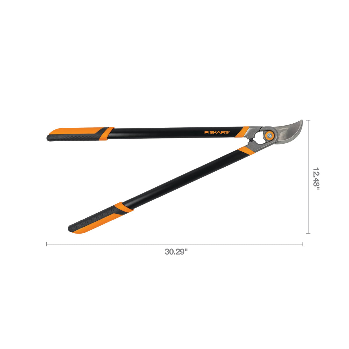 Black and orange Fiskars lopper stands out in the garden.