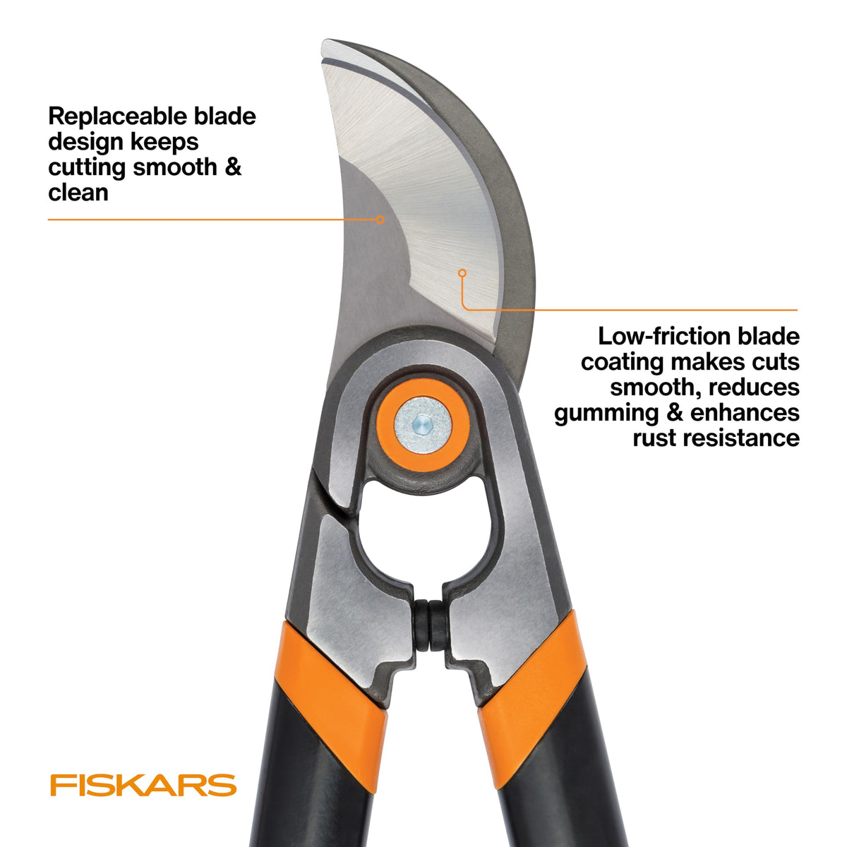 Textured Softgrip on the Fiskars lopper offers secure, comfortable grip during pruning.