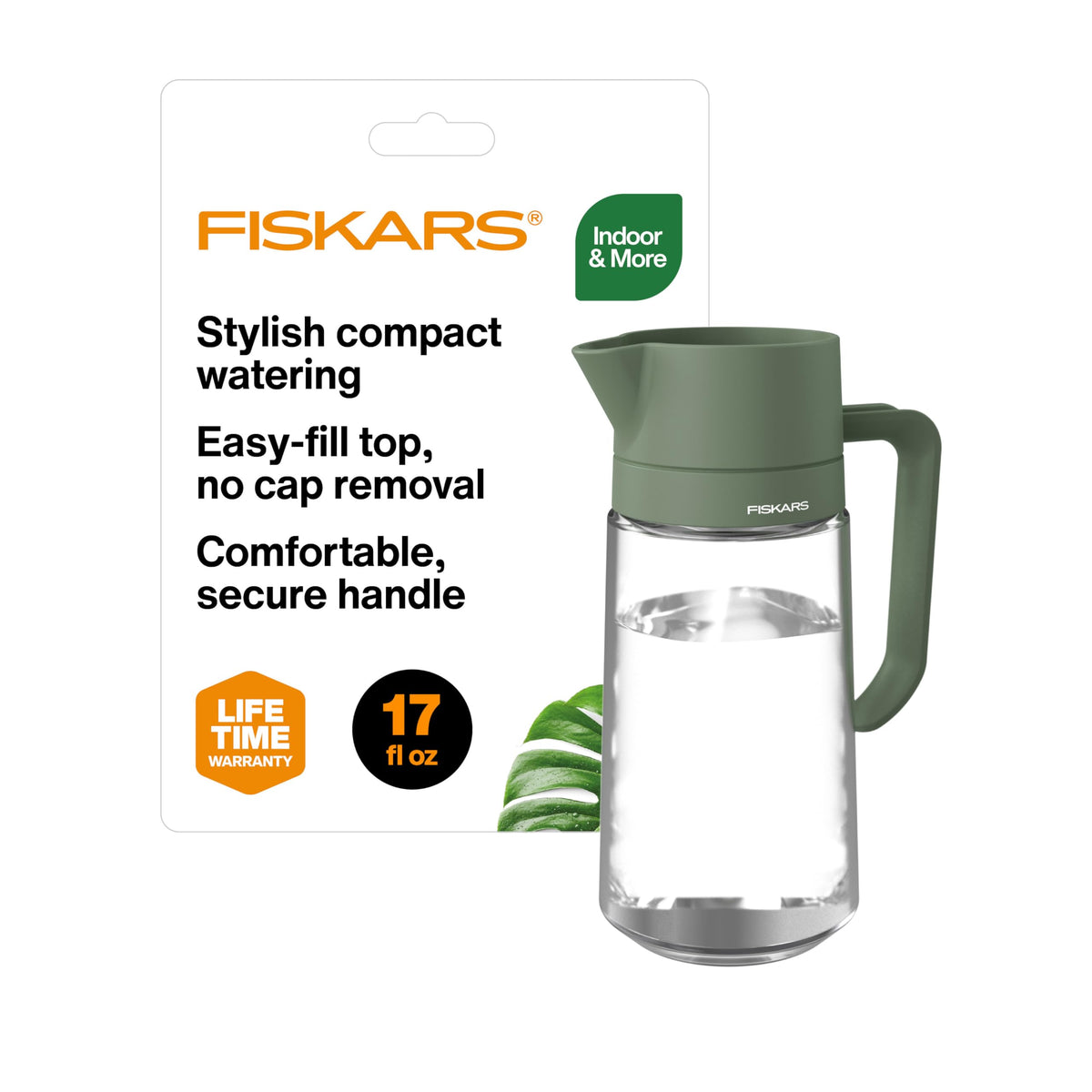 Fiskars Glass Watering Carafe shows clear body for easy water level tracking.