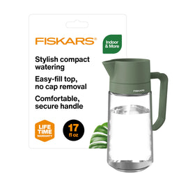 Fiskars Glass Watering Carafe shows clear body for easy water level tracking.