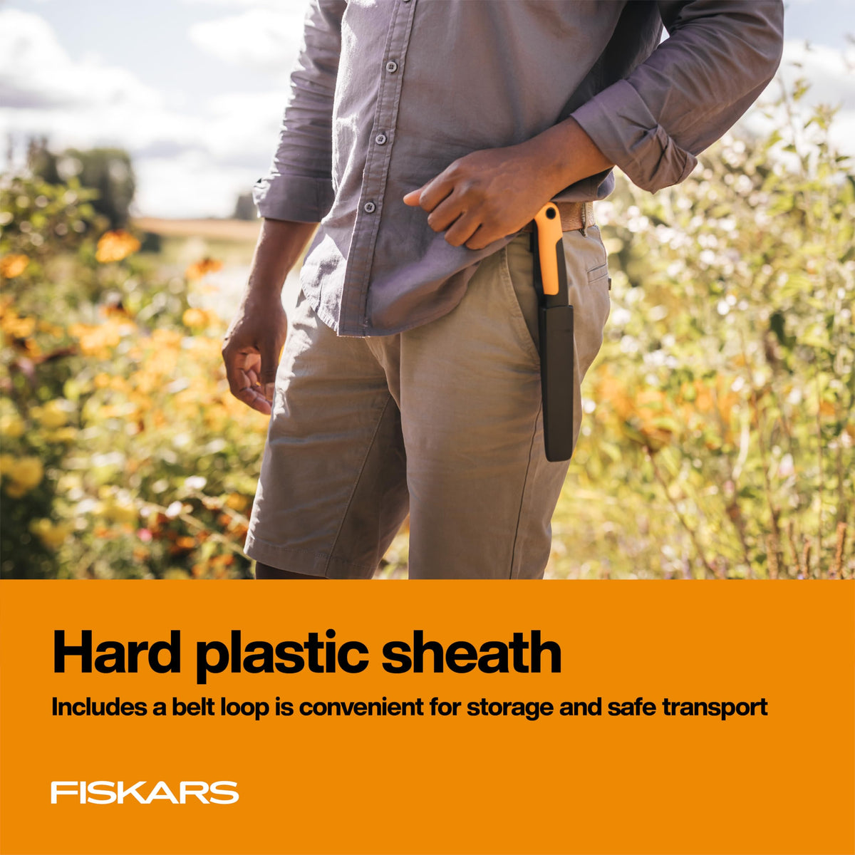 Fiskars Harvesting Knife blade detail highlights a sharp, precise edge.