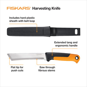 Fiskars Harvesting Knife flat tip push-cut close-up for quick, clean harvests.