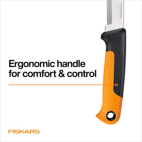 Fiskars Harvesting Knife hard plastic sheath with belt loop for safe transport.