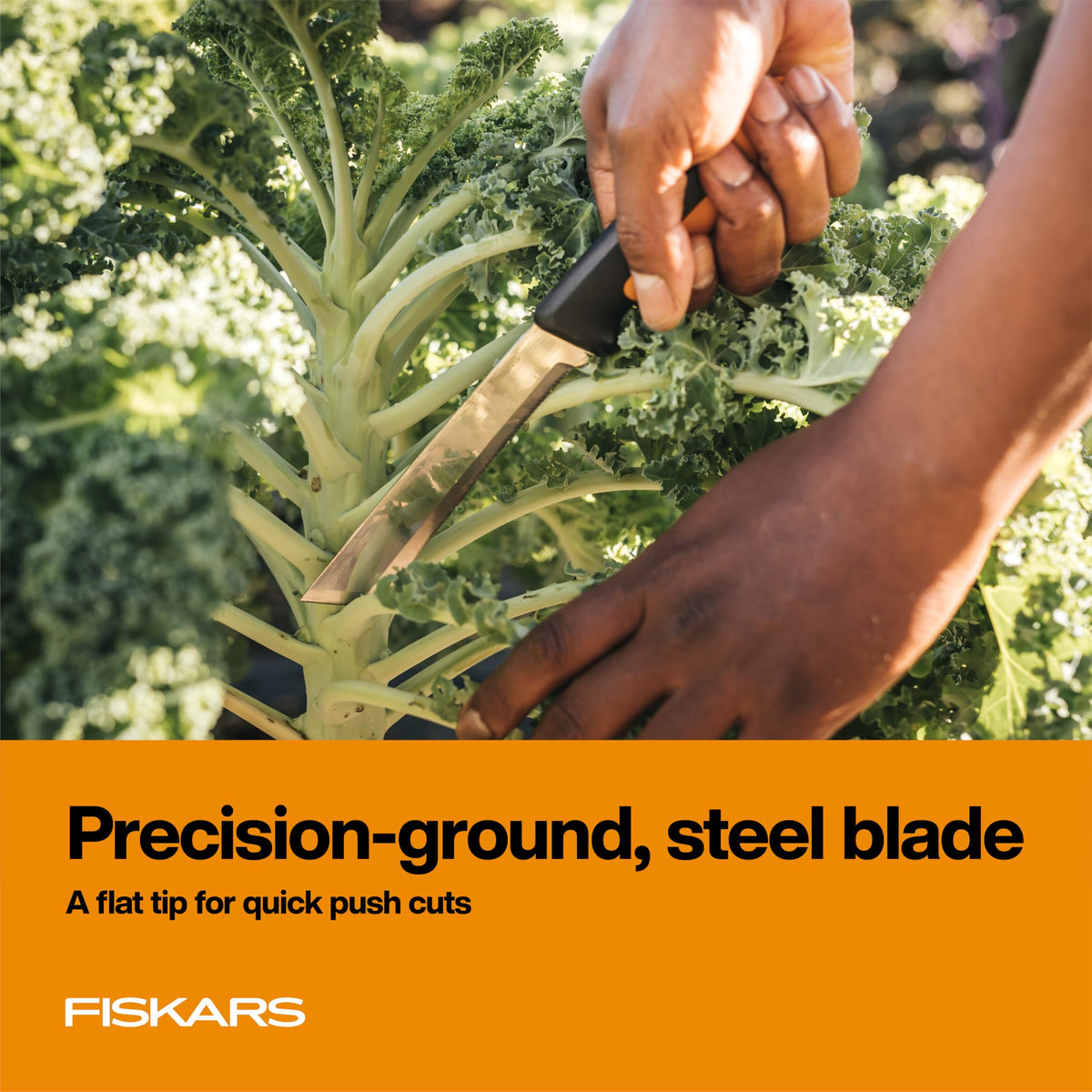 Fiskars Harvesting Knife serrated stem section for fibrous stems and clean slicing.