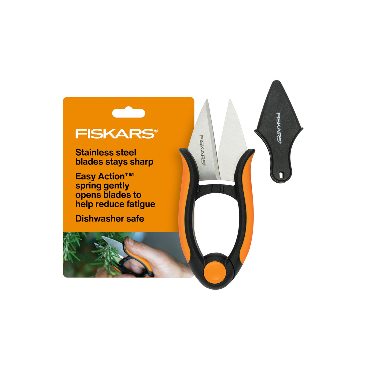Fiskars herb snips with sheath enable precise harvesting of herbs outdoors.