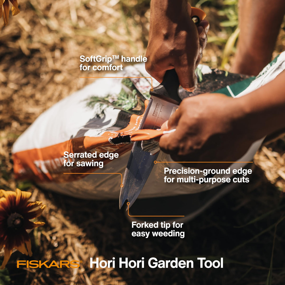 Fiskars Hori Hori knife dual-edged blade for versatile cutting and shaping