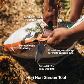 Fiskars Hori Hori knife dual-edged blade for versatile cutting and shaping