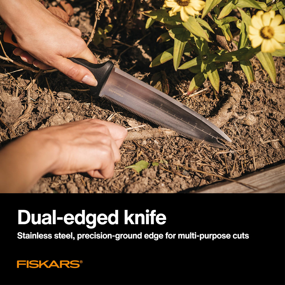 Fiskars Hori Hori knife forked tip aiding weed removal and soil work
