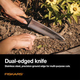 Fiskars Hori Hori knife forked tip aiding weed removal and soil work