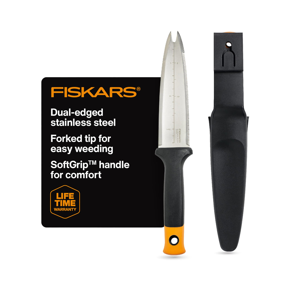 Fiskars Hori Hori knife with sheath showing safe storage and easy access for garden tasks