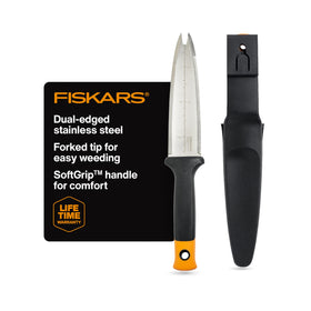 Fiskars Hori Hori knife with sheath showing safe storage and easy access for garden tasks