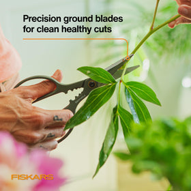 Fiskars integrated stem stripper helps prep flowers quickly.