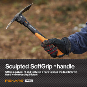 Fiskars IsoCore Pick Mattock severing roots with precision